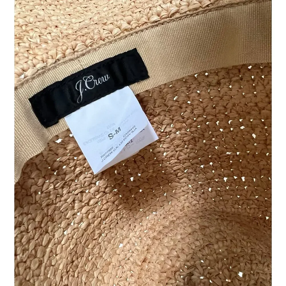 J Crew Womens Packable Straw Fedora Natural Raffia Black Band Hat S/M